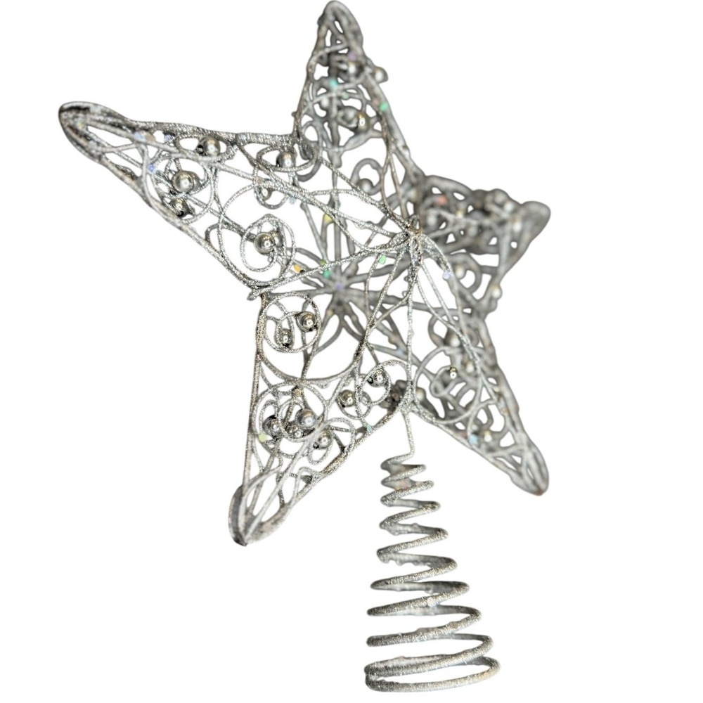 Silver Glitter Filigree Star Christmas Tree Topper Wire Scrollwork Holiday Decor - Picture 2 of 7